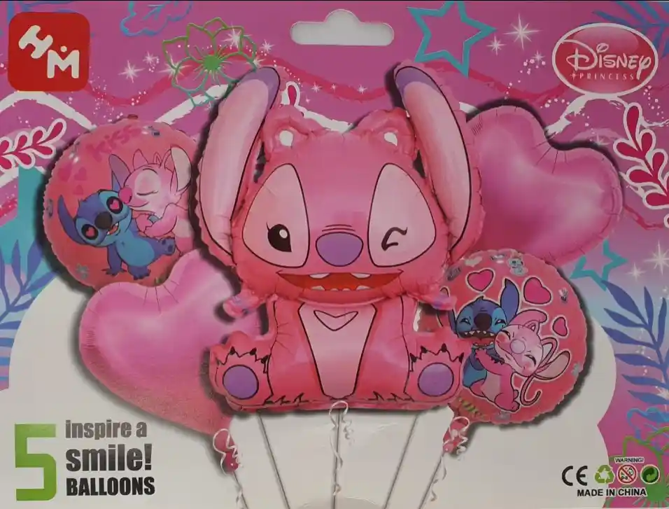 Bouquet De Globos Angel - Lilo Y Stitch Corazones Rosados X 5 Piezas