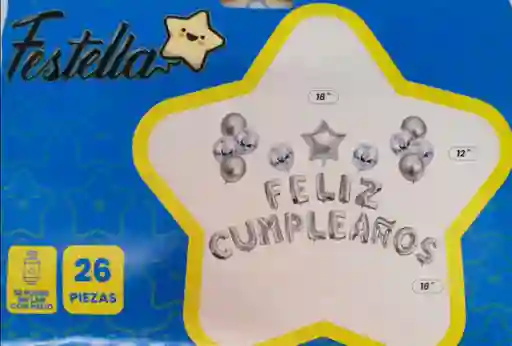 Kit Globo Letrero Feliz Cumpleaños Plateado Confetti X 26 Piezas Festella