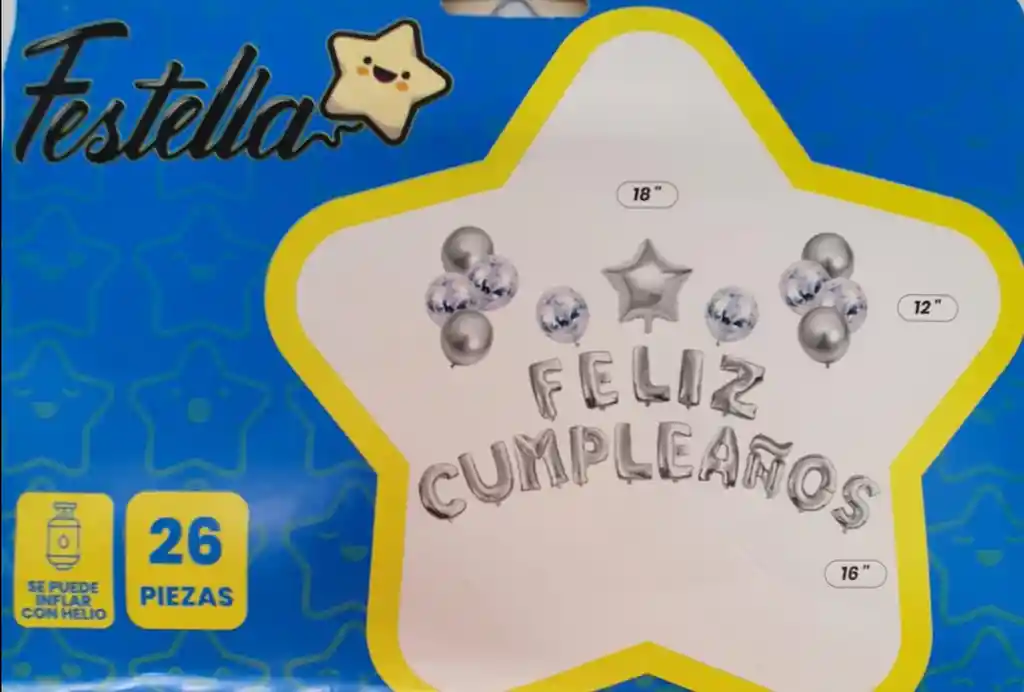 Kit Globo Letrero Feliz Cumpleaños Plateado Confetti X 26 Piezas Festella