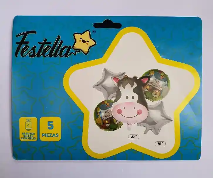 Bouquet De Globos Vaca Estrellas Plata Feliz Cumpleaños X 5 Piezas Festella