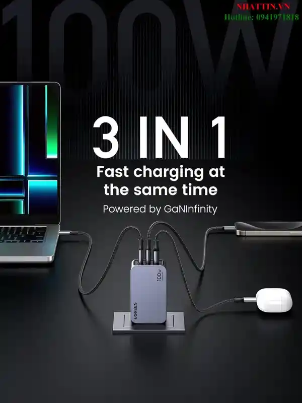 Cargador Ugreen Nexode Pro 100w 3 Puertos Usb-c Gris (25873)