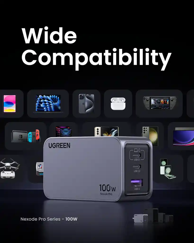 Cargador Ugreen Nexode Pro 100w 3 Puertos Usb-c Gris (25873)