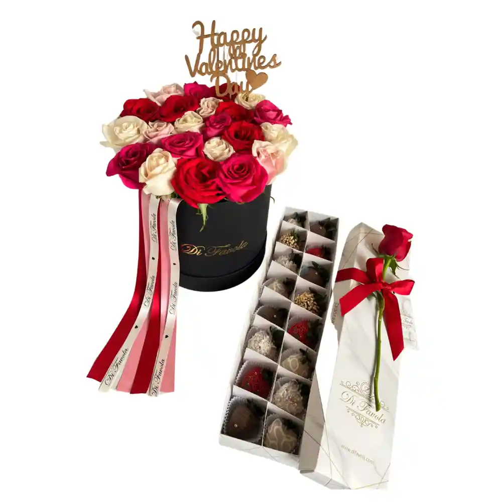 Combo Especial San Valentín. Hermosas Rosas En Cilindro De Lujo Y Fresas Con Chocolate