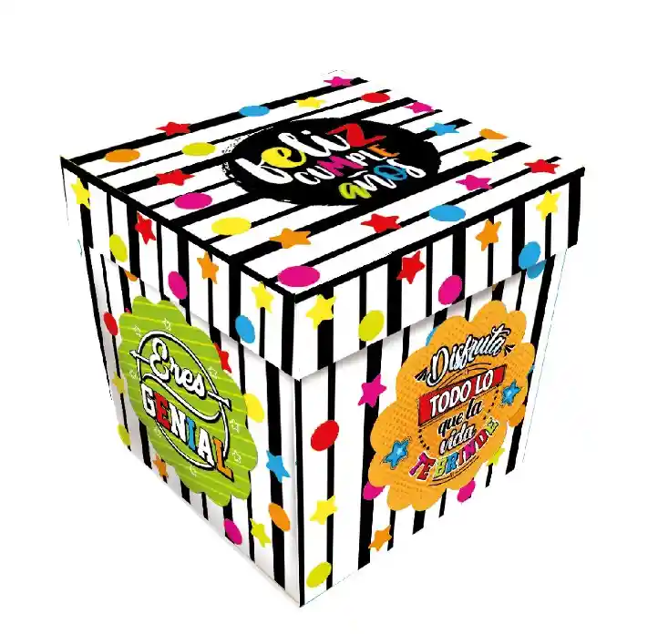 Caja Cubo Mediana Feliz Cumpleaños Rayas X 1 Unidad