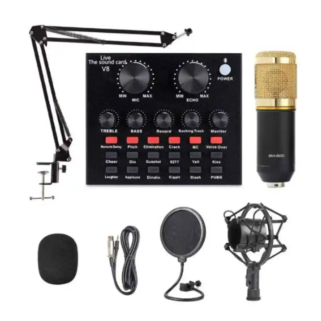 Microfono Condensador Brazo Estudio Profesional Voz Y Música Bm800 Y Tarjeta De Sonido V8