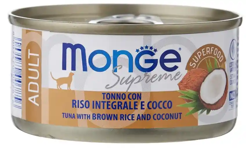 Lata Monge Supreme Gato Adulto De Atún Con Arroz Integral Y Coco 80g