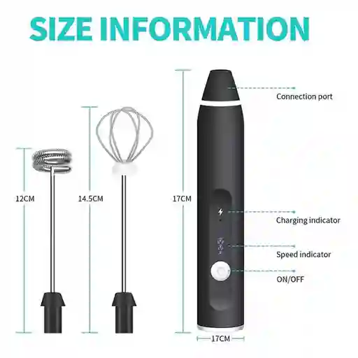 Batidor Espumador De Mano Electrico Recargable Acero Inoxidable Negro