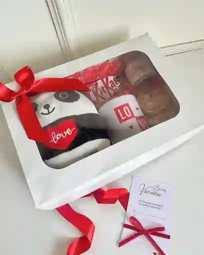 Detalle Para Enamorados En San Valentin: Cajita Sorpresa Con Osito Panda Vela, Mug Y Chocolates