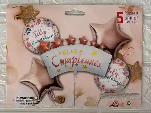 Bouquet De Globos Feliz Cumpleañoz Rosa X5 Piezas