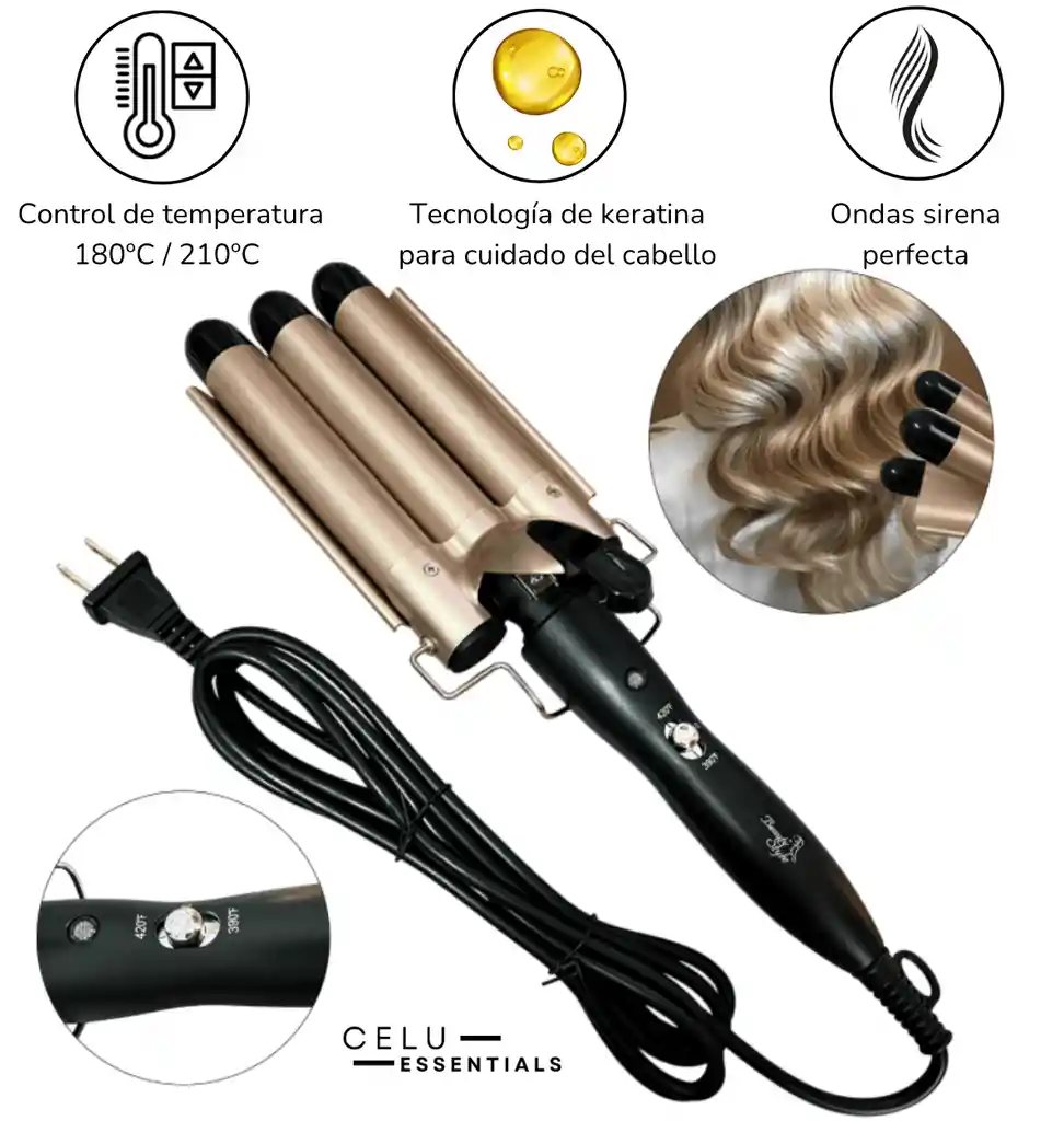 Rizador Ondulador Keratina Triple Tubo Ondas Sirena