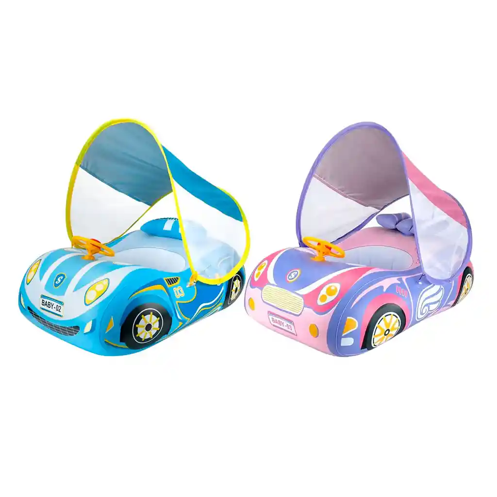 Flotador Inflable Para Bebé Con Diseño De Carrito Azul, Toldo Cubresol Ajustable Con Laterales En Malla Para Mejor Visibilidad, Asiento De Seguridad, Respaldo Antivuelco