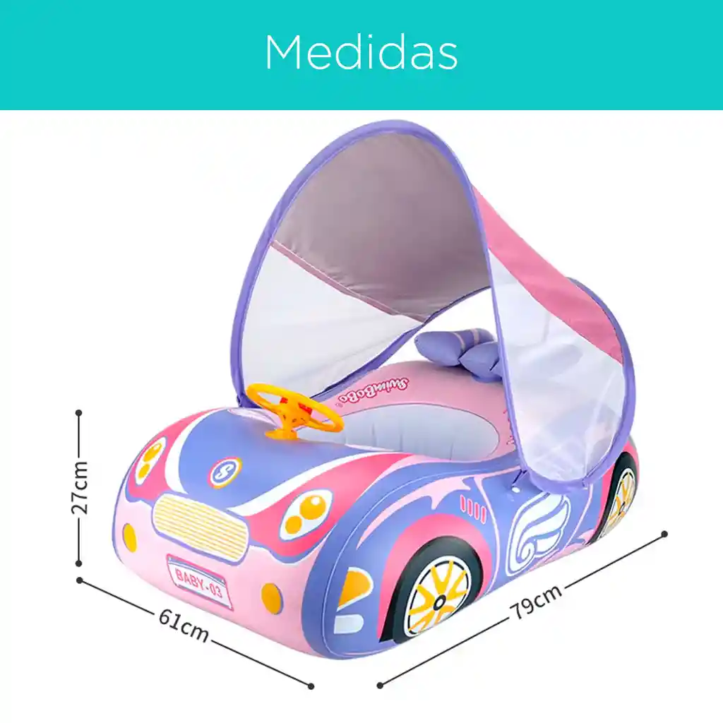 Flotador Inflable Para Bebé Con Diseño De Carrito Azul, Toldo Cubresol Ajustable Con Laterales En Malla Para Mejor Visibilidad, Asiento De Seguridad, Respaldo Antivuelco