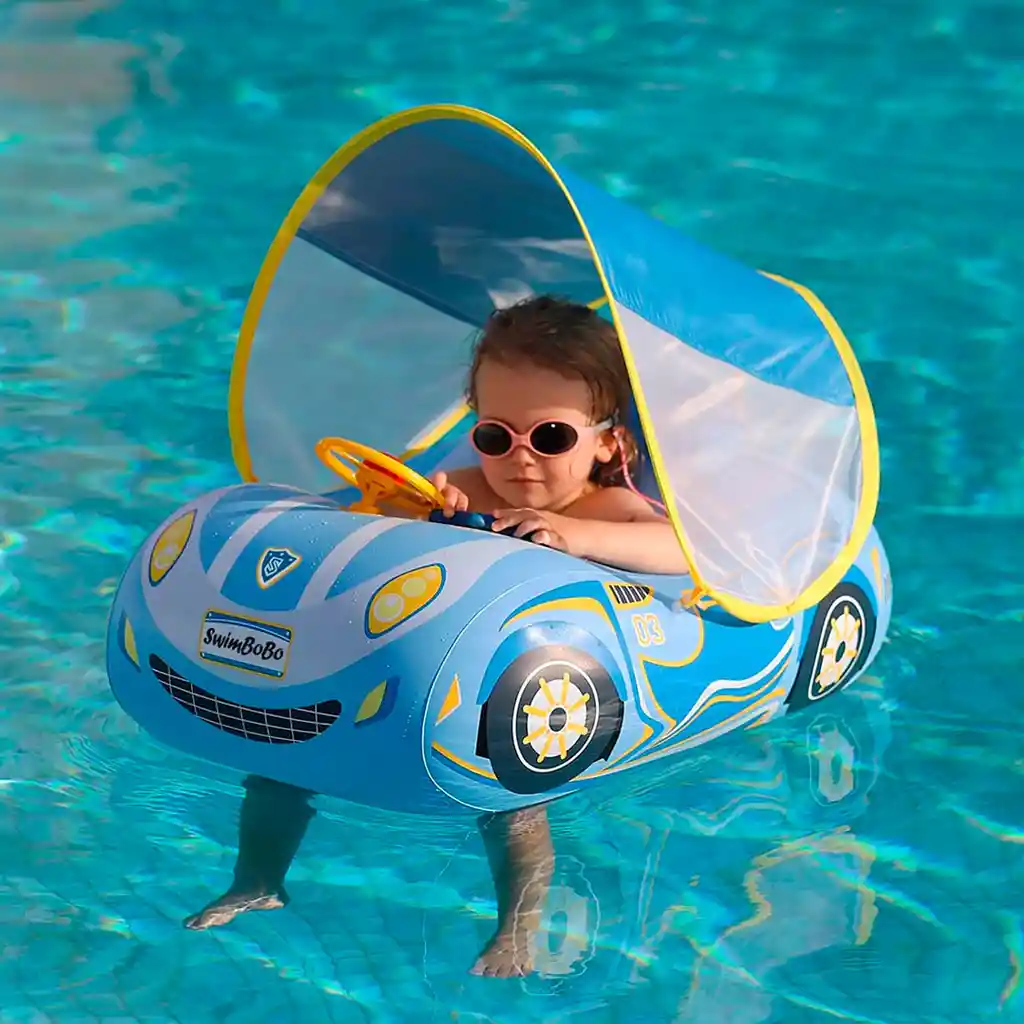 Flotador Inflable Para Bebé Con Diseño De Carrito Azul, Toldo Cubresol Ajustable Con Laterales En Malla Para Mejor Visibilidad, Asiento De Seguridad, Respaldo Antivuelco