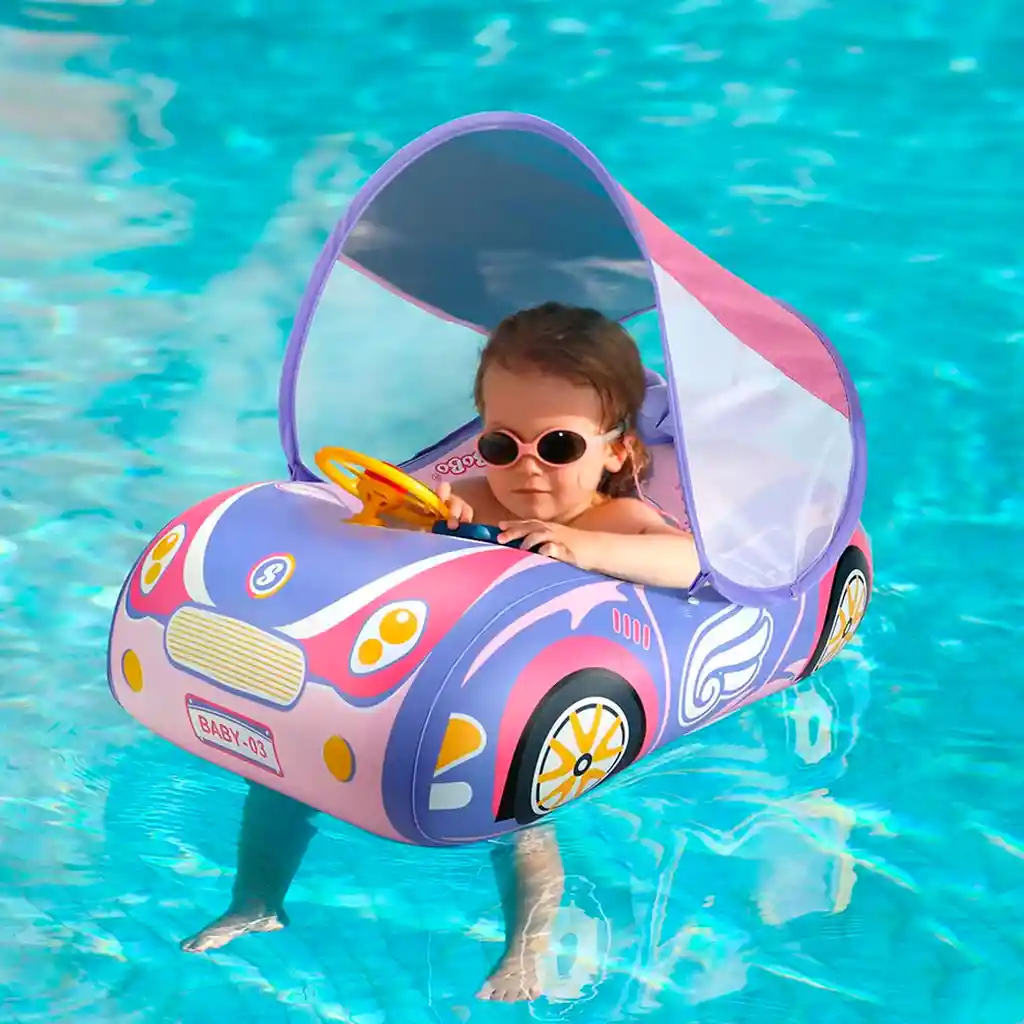 Flotador Inflable Para Bebé Con Diseño De Carrito Rosa, Toldo Cubresol Ajustable Con Laterales En Malla Para Mejor Visibilidad, Asiento De Seguridad, Respaldo Antivuelco