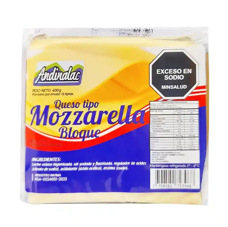 Queso Andinalac Mozzarella En Bloque X400 G