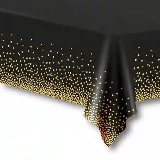 Mantel Negro Con Puntos Dorados Plástico Reutilizable, Lavable, Impermeable (1.37×1.83 Cms)
