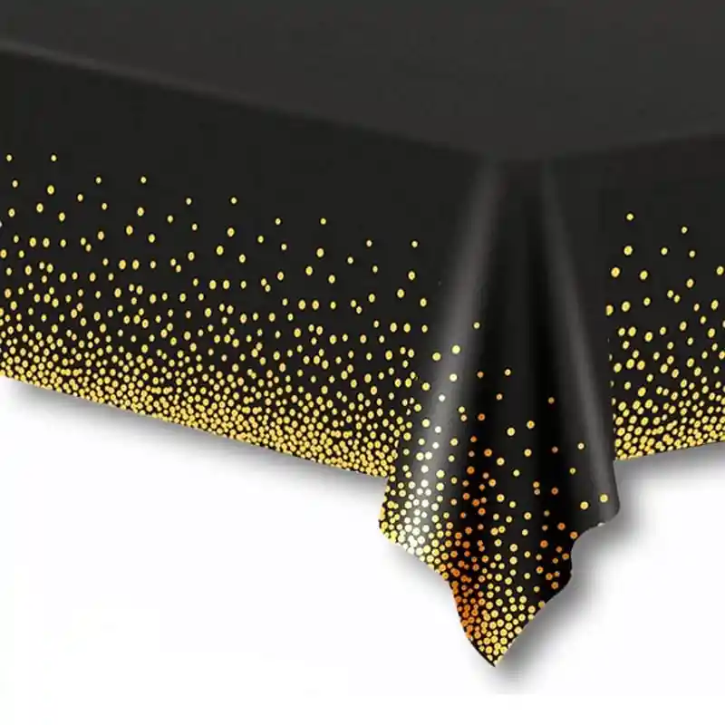 Mantel Negro Con Puntos Dorados Plástico Reutilizable, Lavable, Impermeable (1.37×1.83 Cms)