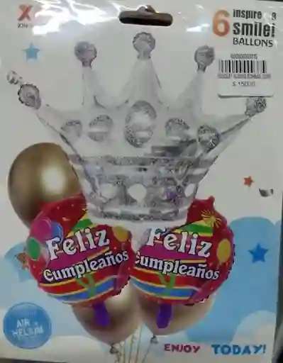Bouquet Globos Bombas Corona "feliz Cumpleaños" X6pcs Color Plateado