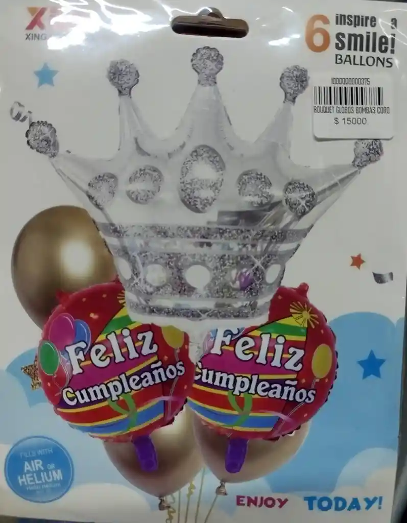 Bouquet Globos Bombas Corona "feliz Cumpleaños" X6pcs Color Plateado