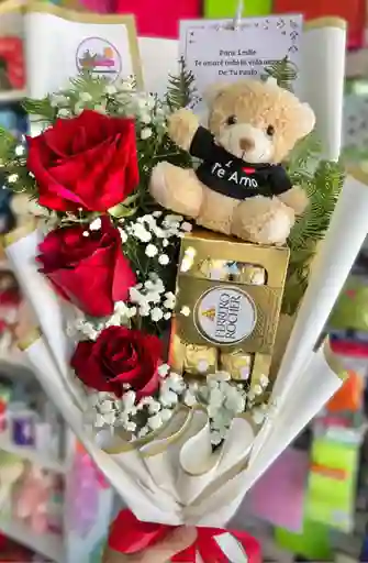 Bouquet Con 3 Rosas, Peluche Pequeño
