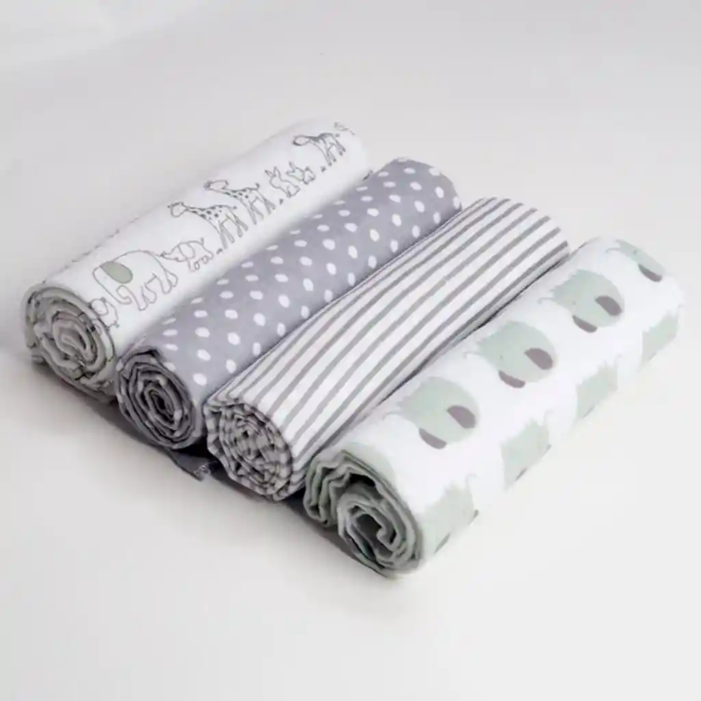 Paquete X4 Mantillas Gris Animales 100% Algodón De 76x76cm, Sabana De Muselina Con Estampado Y Colores Divertidos, Manta De Tela Suave Y Antialérgica