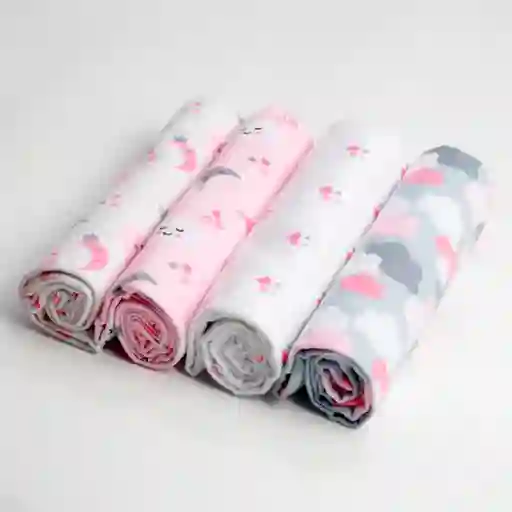 Paquete X4 Mantillas Rosa Nubes 100% Algodón De 76x76cm, Sabana De Muselina Con Estampado Y Colores Divertidos, Manta De Tela Suave Y Antialérgica