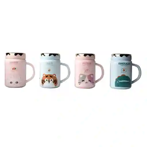 Mug Pocillo Ceramica Diseños De Animales Con Tapa De 450ml