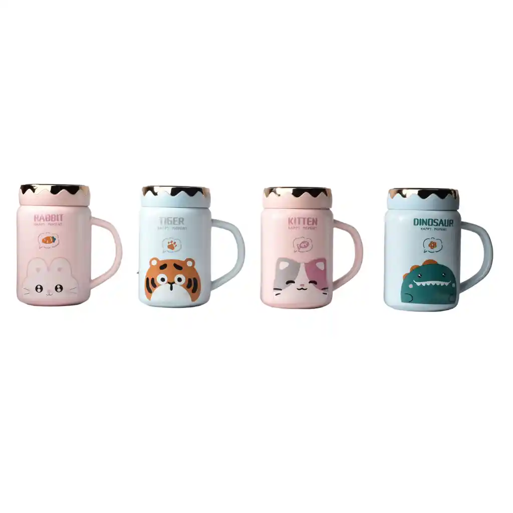 Mug Pocillo Ceramica Diseños De Animales Con Tapa De 450ml