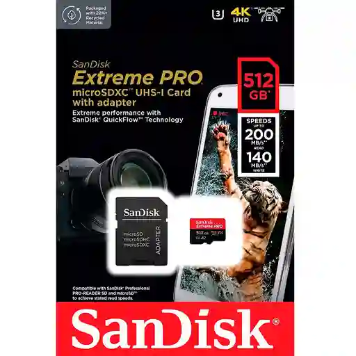Micro Sd 512gb Sandisk Extreme Pro U3 4k 200mbs
