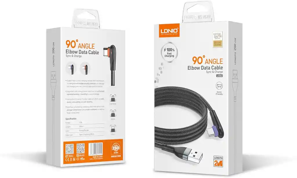 Cable Para Celular Acordonado Tipo C, Negro 90° 2.4a