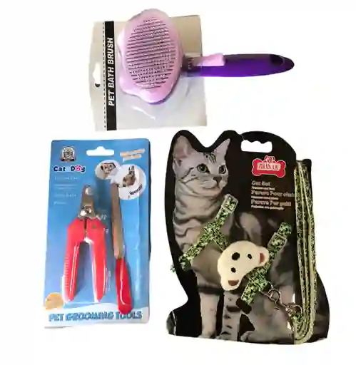 Combo Gatos Arnés Cepillo Y Kit Uñas