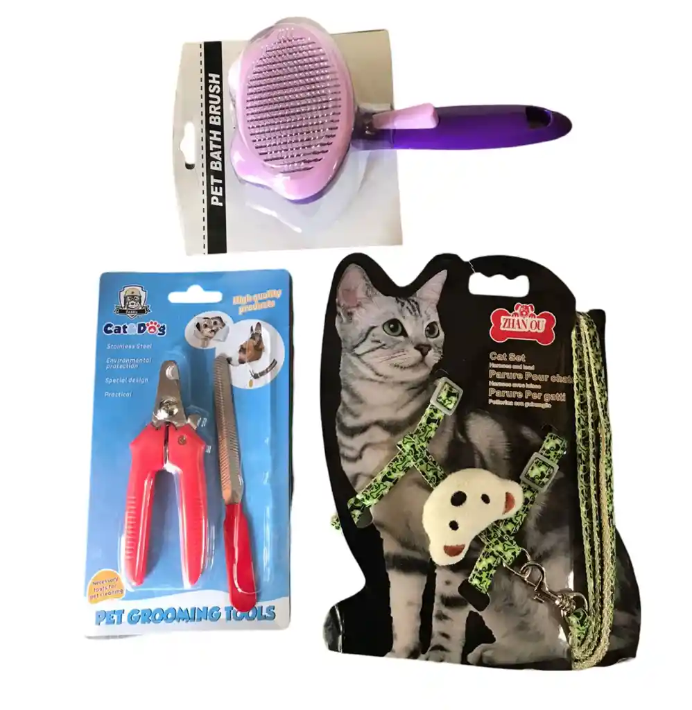 Combo Gatos Arnés Cepillo Y Kit Uñas