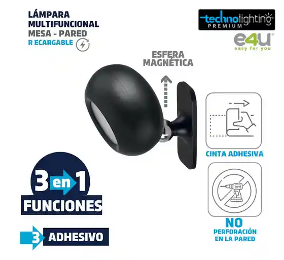 Lampara Multifuncional 3 Funciones En 1, Redonda Negra, Recargable!