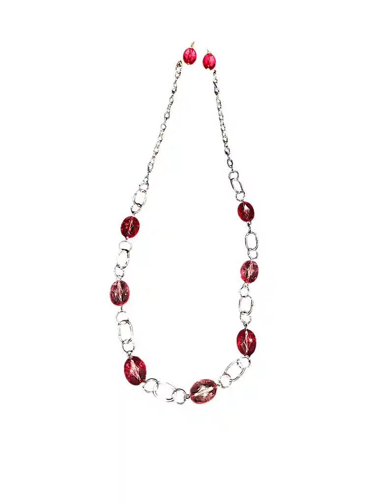 Juego Collar - Aretes Cadena Con Piedra Roja Acero Quirurjico Inoxidable