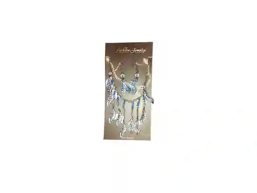 Juego Collar - Aretes Plumas Azul Acero Quirurjico Inoxidable