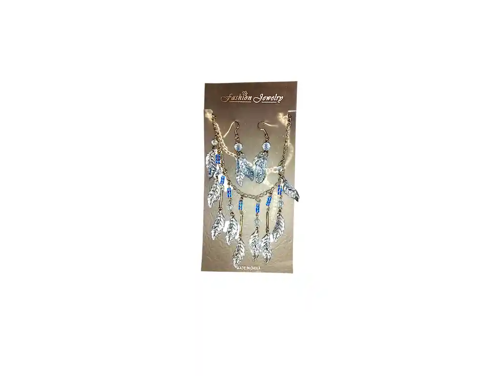 Juego Collar - Aretes Plumas Azul Acero Quirurjico Inoxidable