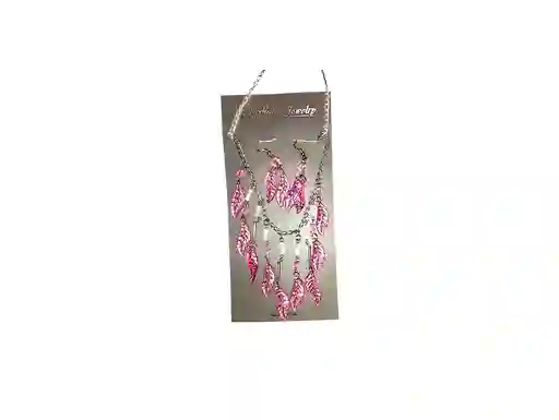Juego Collar - Aretes Plumas Rosado Acero Quirurjico Inoxidable