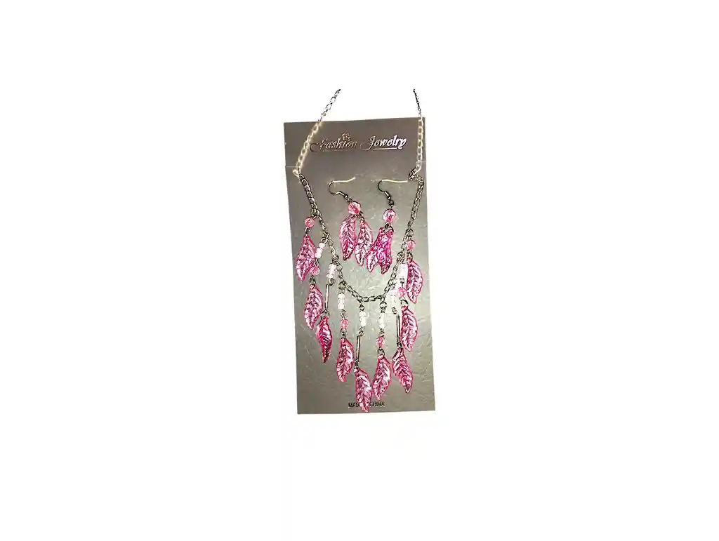 Juego Collar - Aretes Plumas Rosado Acero Quirurjico Inoxidable