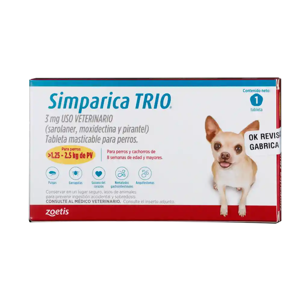 Simparica Trio Tableta Perro - 1.25 - 2.5 Kg