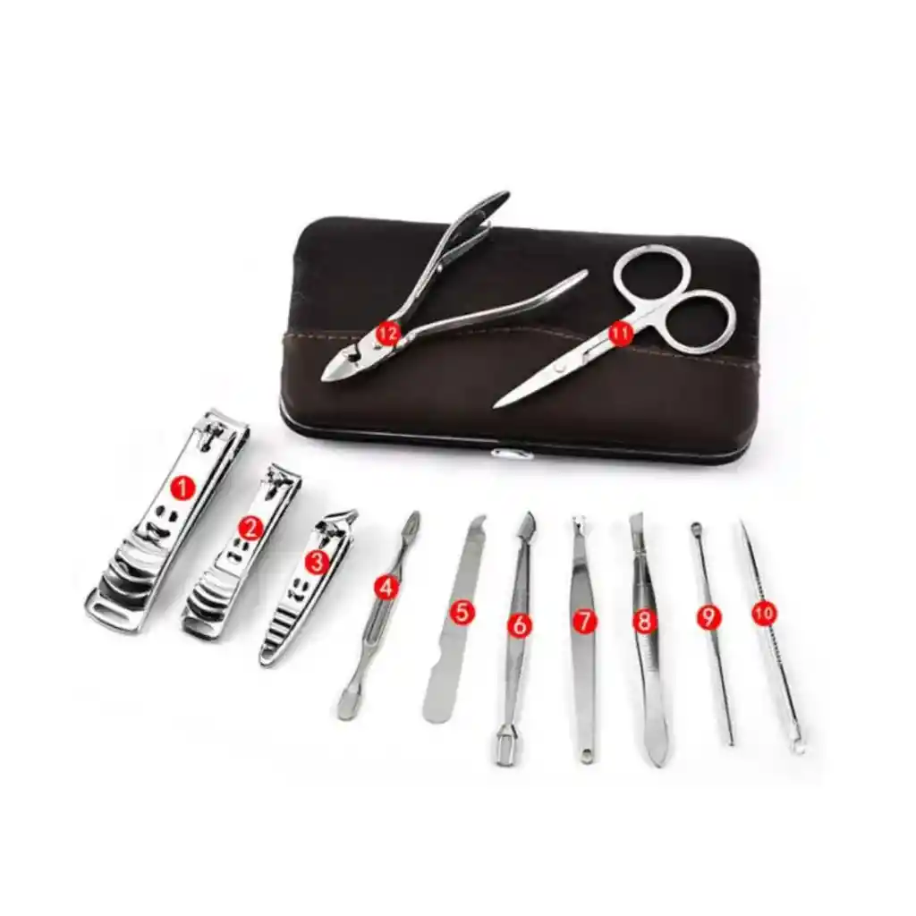 Kit Manicure 12 Piezas Acero Inoxidable, Lima, Cortaúñas, Tijera, Alicate, Retirador De Piel Muerta, Raspador De Uñas, Estuche Compacto