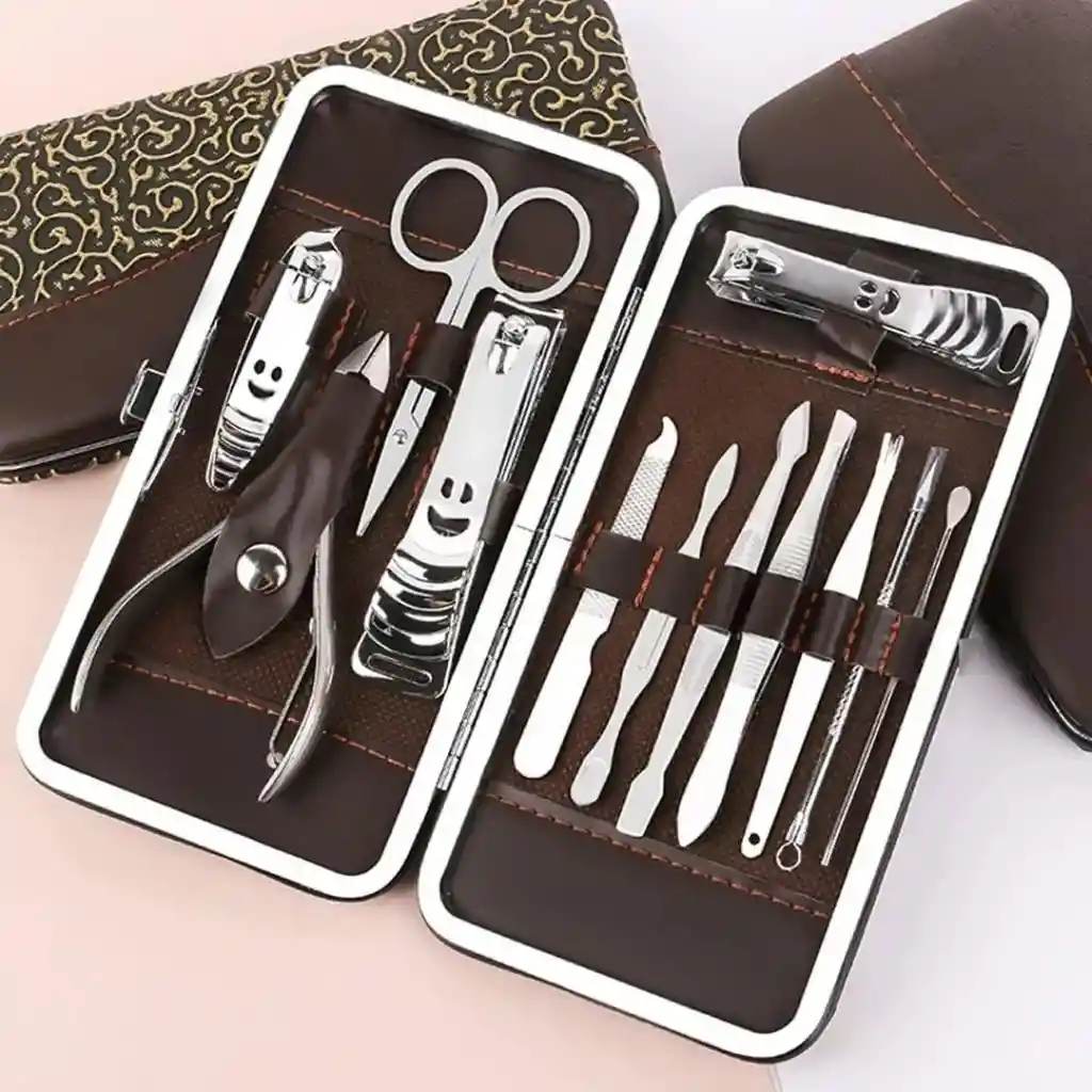 Kit Manicure 12 Piezas Acero Inoxidable, Lima, Cortaúñas, Tijera, Alicate, Retirador De Piel Muerta, Raspador De Uñas, Estuche Compacto