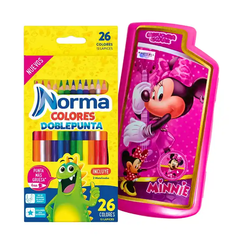 Kit Escolar Colores Norma Doble Punta + Cartuchera Minnie