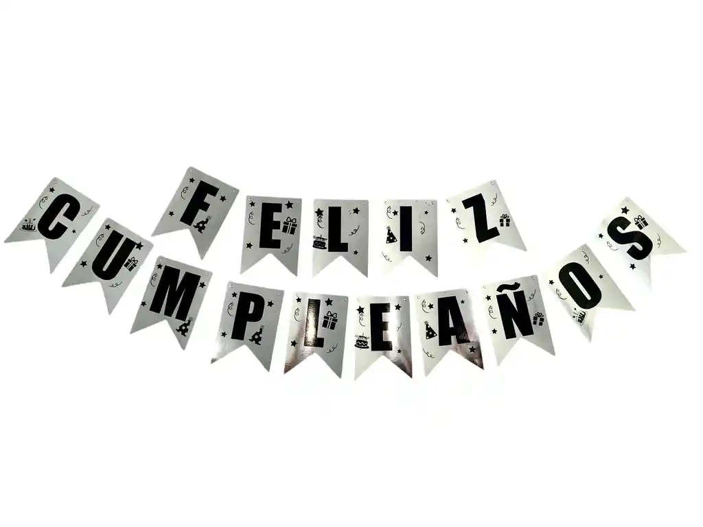 Letrero Guirnalda Feliz Cumpleaños Plateado Con Negro 12cm X 17cm