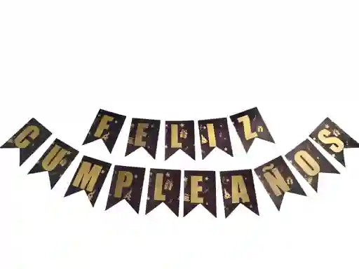Letrero Guirnalda Feliz Cumpleaños Negro Con Dorado 12cm X 17cm