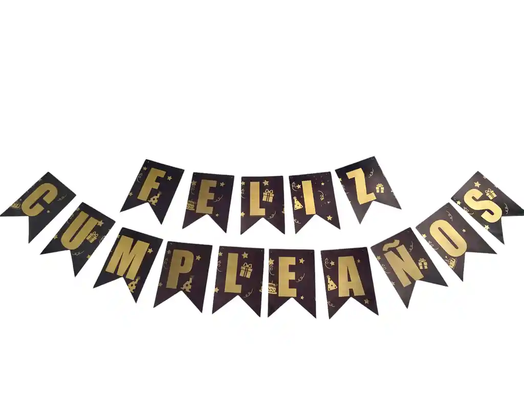 Letrero Guirnalda Feliz Cumpleaños Negro Con Dorado 12cm X 17cm