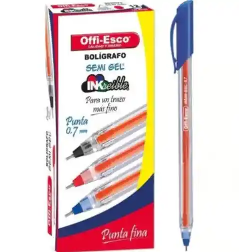 Caja Lapicero Azul Offi-esco Semi Gel Punta Fina 076 Con Tapa