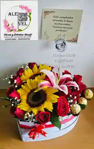 Rosas Rojas Girasoles Y Lirio En Caja Con Ferrero X3