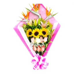 Bouquet De Rosas Girasoles Lirios Y Ave Del Paraíso
