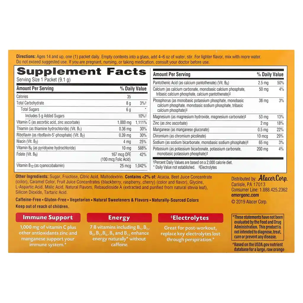 Emergen-c Vitamin C Frambuesa 1,000 Mg 30 Sobres 0.32 Oz (9.1 G)