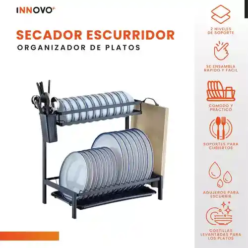 Platero Organizador De Cocina Metalico 2 Niveles Armable Innovo Home Negro